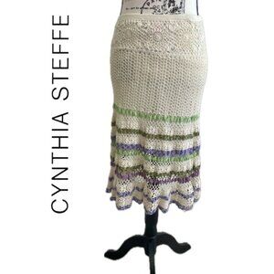 CYNTHIA STEFFE CROCHET SKIRT SZ S BOHEMIAN COTTON TAN LILAC GREEN VERSATILE CHIC